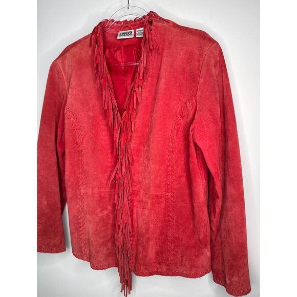 Y2K Western Boho Chico’s Design Red Suede Fringe Leather Jacket Size 2 (M/L) - Picture 15 of 16